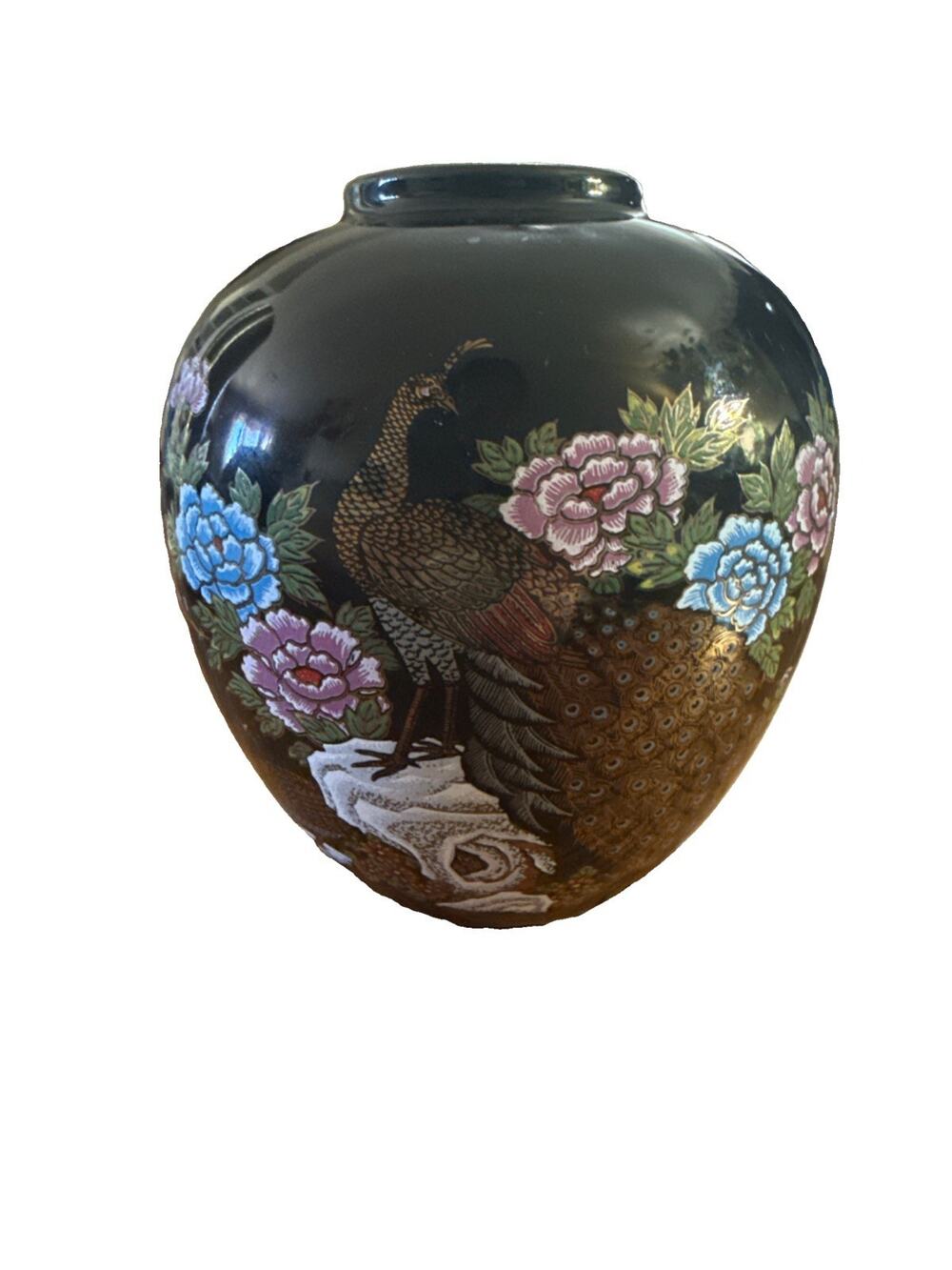 Vintage Japanese Black Peacock Vase Enamel Flowers 4” Marked Japan